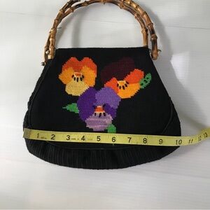 Handmade Embroidery  Vtg Flower Bag Clutch Pansies Bamboo  Boho Granny Core